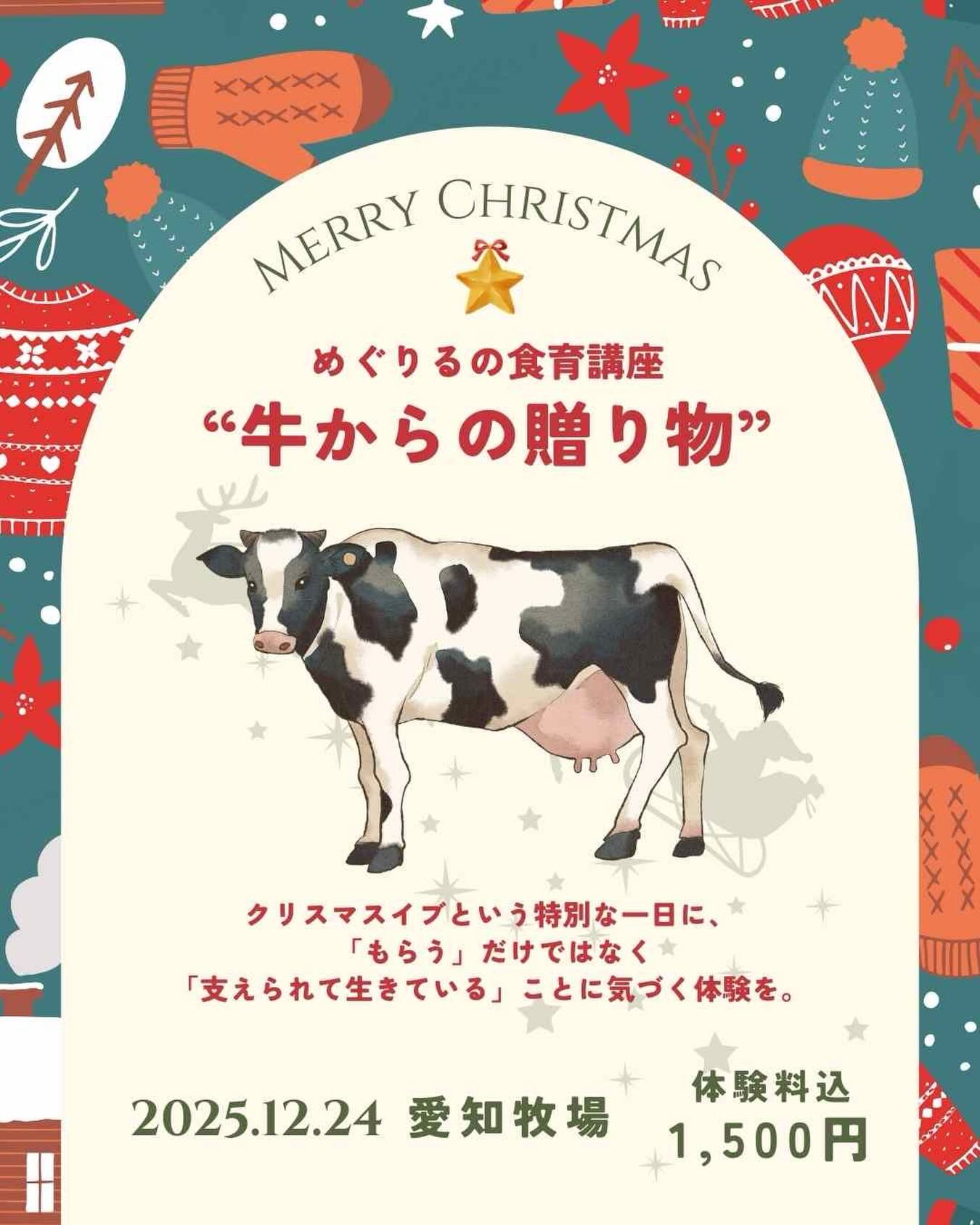 ✨
🌲🎁

12月24日、
クリスマスイブに考える「いのち」のこと

🎄🎁

プレゼントや ごちそうで 心がはずむ日。

でも その食卓の向こうに、
どんな「いのち」があるか、
立ち止まって 考える時間はありますか？

この講座では、
牛のいのちのお話、
乳しぼり、バターづくりを通して、
子どもたちが
心と体で「いのちをいただく」ことを感じます。

クリスマスイブという特別な一日に、
「もらう」 だけではなく
「支えられて生きている」ことに気づく体験を。

この経験は、
きっとプレゼントよりも長く、
子どもの心に残るはず。

📍 愛知牧場
📅 12月24日(水)9:30～14:00
🎒 対象：小学生と保護者 40名限定／体験型講座
💰 現地集合１人1500円→残6席
　　江南発 往復バス利用1人3,000円→🈵

申し込みは
プロフィールのリンクへ！
Googleフォームからお願いします🙇‍♀️

残席6席です。

#牛からの贈り物
#いのちの講座
#クリスマスイブ
#食育
#親として伝えたいこと
#いただきますの意味
#体験は一生もの