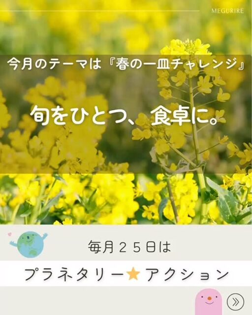 🌎
今月のプラネタリーアクション

春は、芽吹きの季節。

冬のあいだ
ぎゅっと力をためていた命が、
少しずつ顔を出す。

今月のプラネタリーアクションは
「春の一皿チャレンジ」。

旬をひとつ、食卓に。

旬の野菜は、
自然のリズムの中で育ったもの。

無理に温めすぎず、
遠くから運びすぎず、
その季節に合ったかたちで、ここにある。

特別なことはしなくていい。

いつものごはんに、
春をひとつ足すだけ。

自然に合わせることは、
いちばんシンプルなサステナブル。

あなたの一皿には、
どんな春をのせますか？🌱🌸

#npo法人めぐりる #プラネタリーアクション #食育 #プラネタリーヘルス